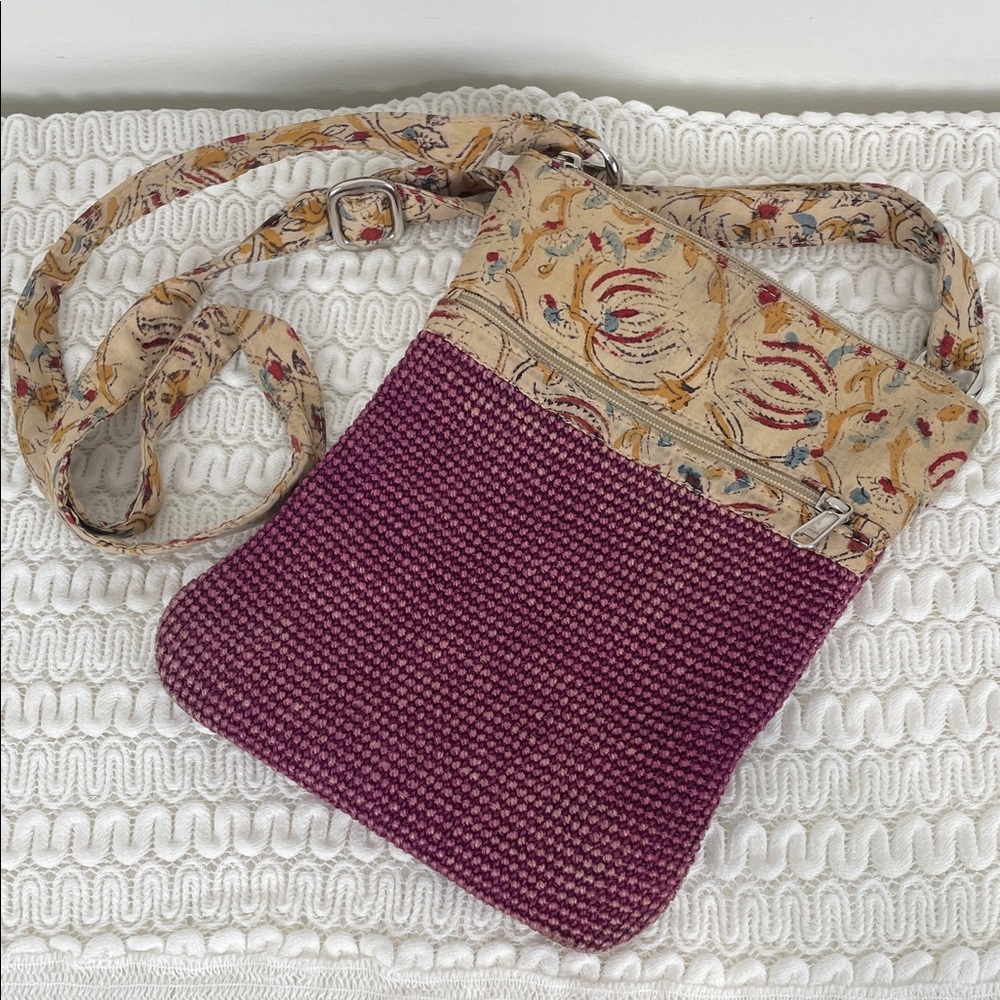 Green Jute Floral Purple Crossbody Bag Purse Textured